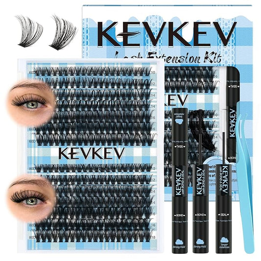 KEVKEV Lash Extension Kit 280Pcs Lash Clusters 60D+80D Eyelash Clusters Kit Individual Lashes With Lash Bond and Seal Lash Tweezers For DIY Lashes (10-18mm)