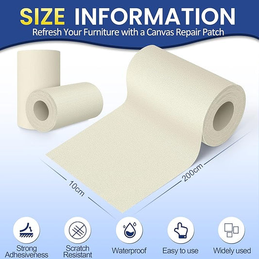 Self-Adhesive Canvas Repair Tape, 4" x 79" Waterproof Canvas Repair Patch, Fabric Patch Repairs Kit for Furniture, Tents, Sunbrellas, Boat Covers Awnings, Couches, Clothes, Bags Beige&White