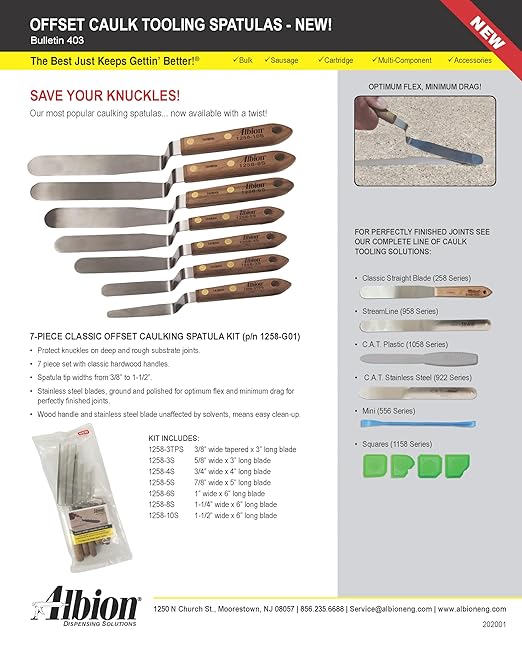 Albion Engineering Classic Offset Caulk Tooling Spatula, Stainless Steel,3/4” Wide Tapered Tip x 4” Long Blade, 1258-4S
