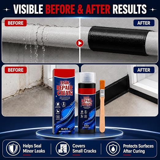 Leak Repair Cream with Brush, Black Waterproof Sealant, Flexible Patch and Sealant for Small Cracks, Gaps, Seams, Roof Edges, Gutters, Pipe Exteriors, Walls, Window Edges, Indoor Outdoor Repair