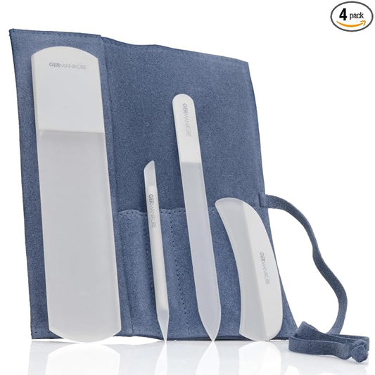 4pcs Manicure Set Genuine Czech Crystal Gray Glass Nail File Moon File Manicure Stick Pedicure Foot Care Bar in Light Blue Suede by GERmanikure