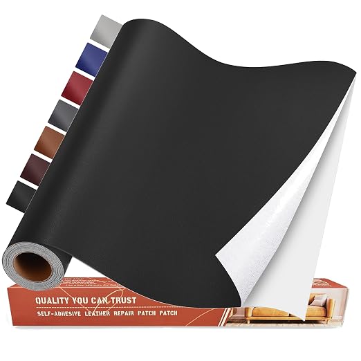 Self Adhesive Leather Repair Patch Kit, 16 in x 63 in Large Vinyl Leather Repair Tape for Furniture, Car Seat, Couch, Sofa, Chair Smooth Black