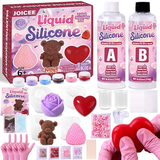 JOICEE Valentines Day Taba Squishy Kit, DIY Valentine Crafts Kit 18OZ 1:1 AB Liquid Silicone with 3D Mold for Make Your Own FuFu Squishies Kits Valentines Day Party Favors Stress Relief Toys Gifts