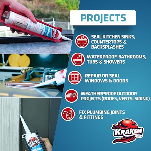 Kraken Bond Black Silicone Sealant Waterproof%100-10 fl oz Cartridge, RTV Silicone Caulk Bathroom and Kitchen, All Purpose, Window Caulking Sealant Outdoor, RV, Exterior Use Silicon - 48 Pack