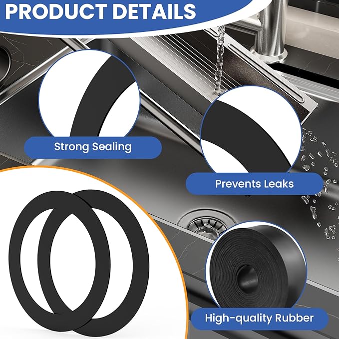 2 Pcs Kitchen Sink Drain Garbage Disposal Gasket, Putty-Free Rubber Seal Accessory for Kitchen Sink's Drain Flange (Black)