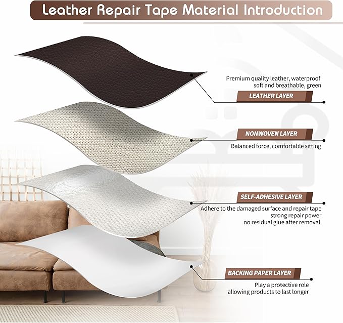 KING MOUNTAIN Leather Repair Patch,12 x 60 Inches self Adhesive Leather Repair Tape for Damaged Leather Furniture, Sofa Seating,Car Seats, Leather Goods（Dark Brown）