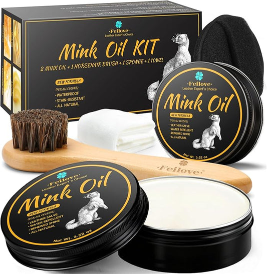 Feilove 4-in-1 Mink Oil Leather Conditioner and Cleaner 3.52 oz - Premium Waterproof Formula for Boots and Shoes