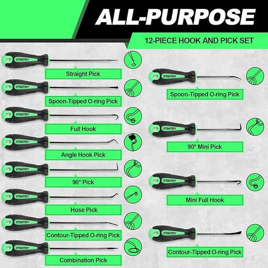 FTIHTRY 12-Piece Pick and Hook Tools Set, Pick Tool Set Car Auto Oil Seal/O-Ring Seal Gasket Pick Hooks Puller Remove, Long and Mini Pick Tool Set