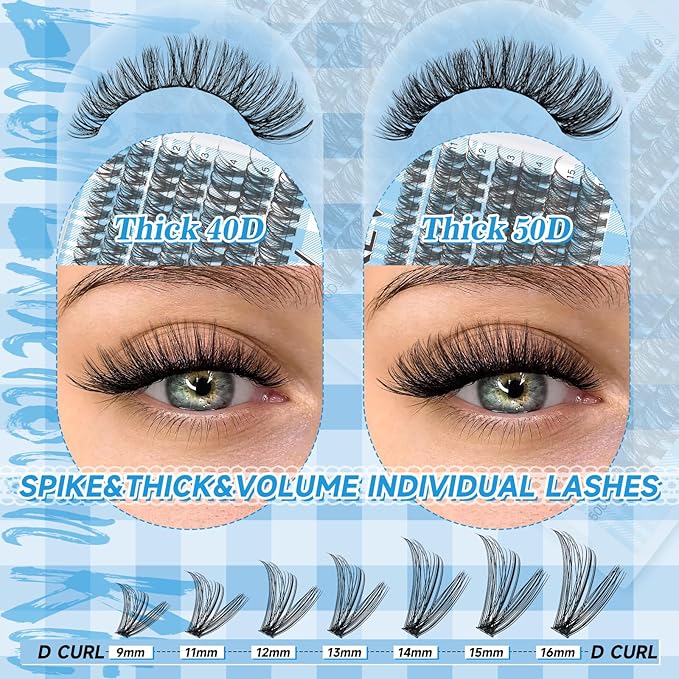 KEVKEV Lash Clusters Volume Eyelash Clusters 9-16mm Thick Individual Lashes 280pcs D Curly Cluster Eyelash Extensions Soft DIY Lash Extension At Home(0.07D，40D+50D)
