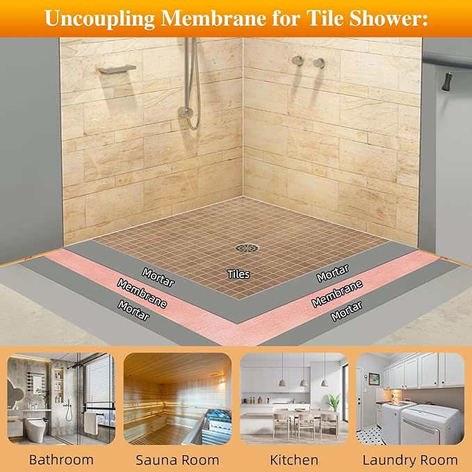 Waterproof Membrane Band Roll,Shower Waterproofing Membrane Uncoupling Band for Tile Wall Floor Bathroom Shower Sauna Steam Room, Tile Underlayment Seam Tape(5IN*50ft), 22Mils Thick