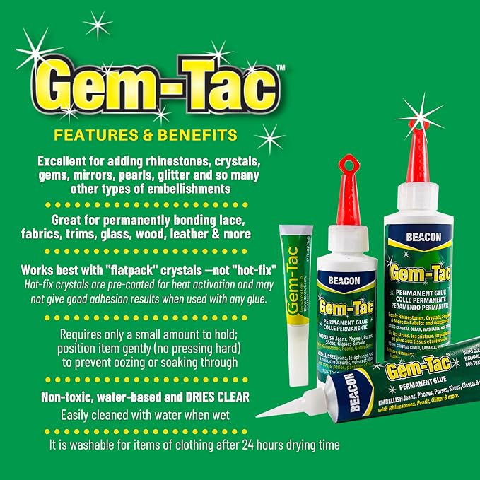 BEACON Gem-Tac Premium Quality Adhesive for Securely Bonding Rhinestones and Gems - Water-Based, UVA Resistant, 1-Ounce