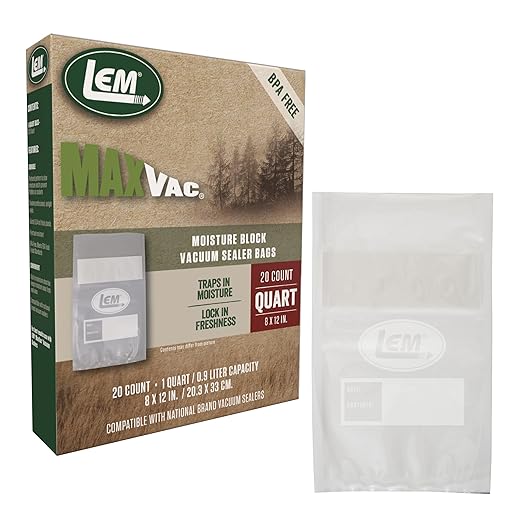 LEM Products MaxVac Moisture Stop Vacuum Bags, BPA-Free, Puncture-Resistant, 8 x 12 Inches, 20 Count