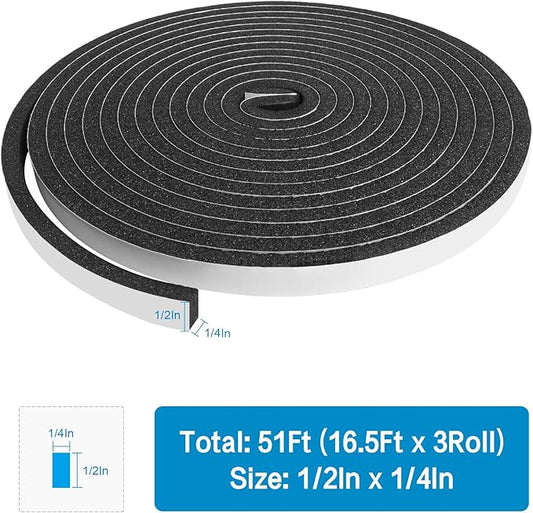 DGSL Foam Insulation Tape, 1/2In x 1/4In x51Ft Weather Stripping Door Seal Strip for Doors and Windows,Sliding Door, Soundproofing Door Seal,Weatherstrip,Air Conditioning Seal Strip