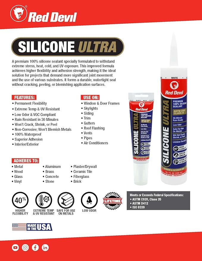 Red Devil 078050 Silicone Ultra 100% RTV Silicone Sealant, 10.1 oz., Gray, 1 Pack