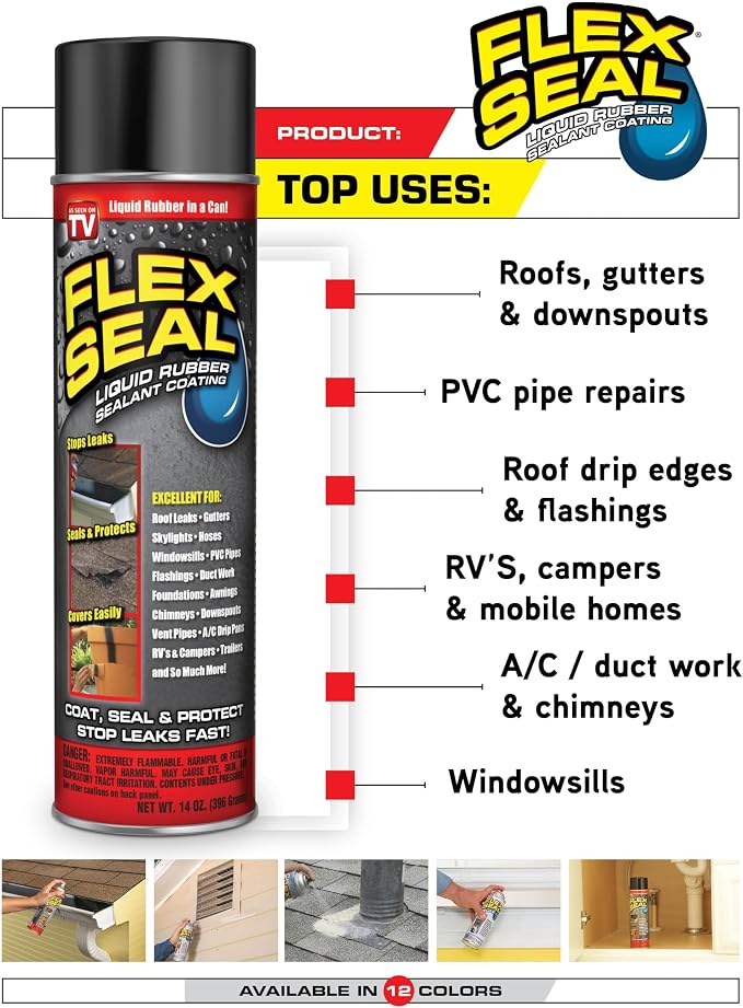 Flex Seal, 14 oz, 2-Pack, Brown, Stop Leaks Instantly, Waterproof Rubber Spray On Sealant Coating, Perfect for Gutters, Wood, RV, Campers, Roof Repair, Skylights, Windows, and More