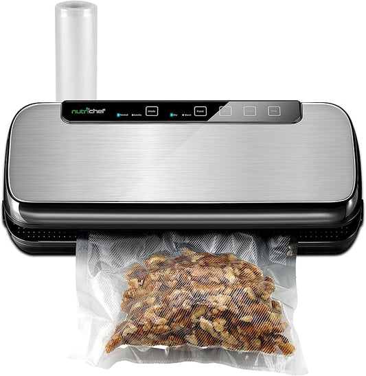 NutriChef Food Vacuum Sealer Machine, 110W Stainless Steel Automatic Chamber Vacuum Sealer with LED Touch Controls, For Food Storage, 5 Reusable Vacuum Bags, Hose & Wine Stopper, 14" x 6" x 3"