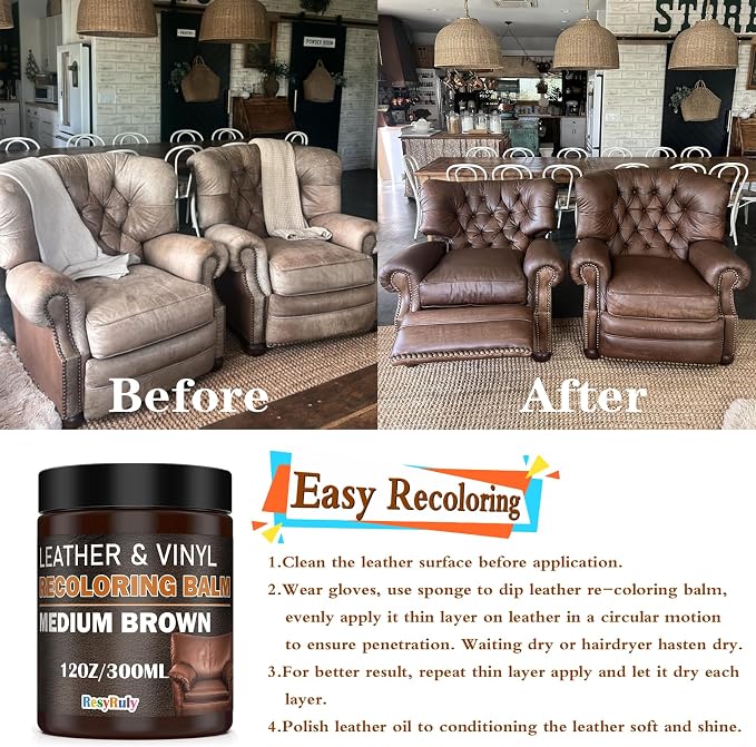 Leather Recoloring Balm Medium Brown Dye Vinyl Car Interior Boat Seat Paint Crafts Furniture Couch Recliner Chair Boot Jacket Shoe Bag Purse Belt Color Restorer Fading Stain Scratch Remover Repair