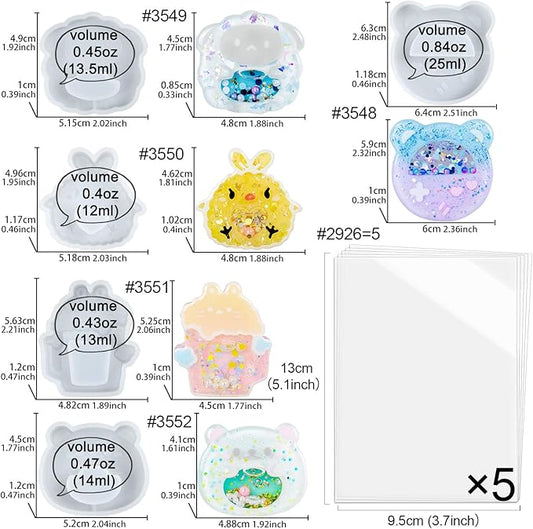 FUNSHOWCASE Epoxy Resin Shaker Molds Set Jewelry Casting Supplies, Bear, Chick, Sheep, Beer Mug, Game Console 5 Silicone Trays with 5 Seal Films, Height 2-2.4inch