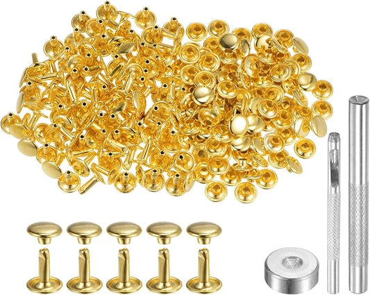HARFINGTON 100 Sets Leather Rivets 10 x 9mm Metal Double Cap Rivet Snaps Studs Fasteners with 3pcs Setting Tools Rivets for Leather Craft DIY Repair Decoration, Gold Tone