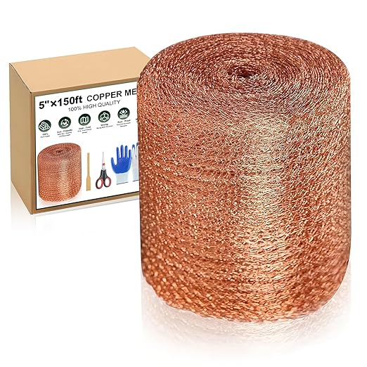 5 Inch x 150 ft Copper Mesh Roll for Rodent Control – Rustproof Wire Gap Filler for Holes, Bat/Snail Barrier, Garden & Home Repair – Includes Gloves, Scissors & Trowel