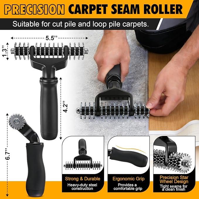 Dreyoo Upgraded Carpet Repair Kit with 5" Star Wheel Seam Roller, 4" x 60ft Carpet Seam Tape & Heavy Duty PVC Pipe Cutter, Heatless Carpets Patching Tools for DIY Home/Office Floor Maintenance