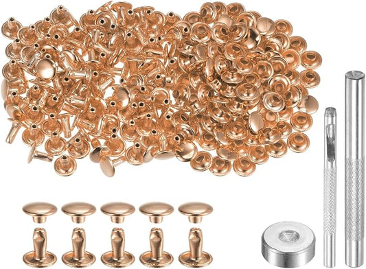 HARFINGTON 100 Sets Leather Rivets 8 x 8mm Metal Double Cap Rivet Snaps Studs Fasteners with 3pcs Setting Tools Rivets for Leather Craft DIY Repair Decoration, Light Gold Tone