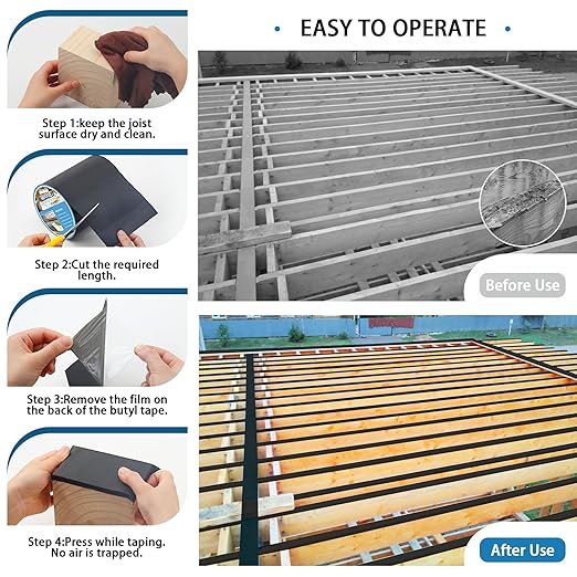 Deck Joist Tape 6''×50', 1 Pack Weather-Resistant Joist Tape for Decking, Waterproof Seal Antiseptic Butyl Decking Tape,Self-Adhesive Flashing Joists Tape for Wood Decks Beams Roof