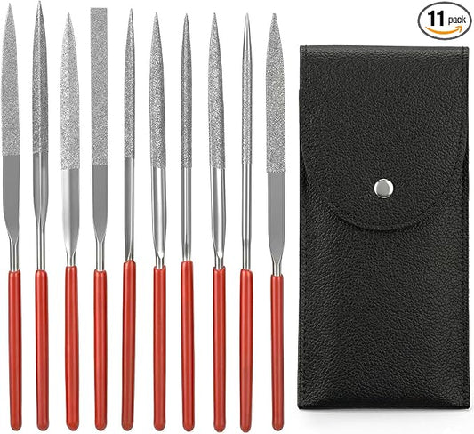 11 Pcs Mini Diamond Needle File Set Small Metal Riffler Files Jewelers File Precision Hand Tools with Leather Case for Glass Wood Stone Jewelry Plastic Carving Round Triangular Square Flat Shape