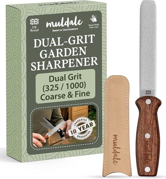 Muldale Garden Tool Sharpener - Dual Grit Titanium File with Leather Strop | for Pruners Loppers Hedge Shears Mower Blades Axes and Machetes