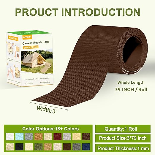 Besezx Canvas Repair Tape,Outdoor Gear Patch, 3x79 Inches,Waterproof Self-Adhesive Fabric Repair Tape for Repairing Boat Covers,Sun Shades,Sofas,Tents,Lounge Chairs,Awnings (Brown)