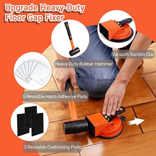Heavy-Duty Floor Gap Fixer Tool with Robust Rubber Mallet & 5 PCS Reusable Nano Adhesive Pads – High-Grip Pro Suction Cup Repair Kit for Laminate & Vinyl Plank, Ideal for Gap Filling