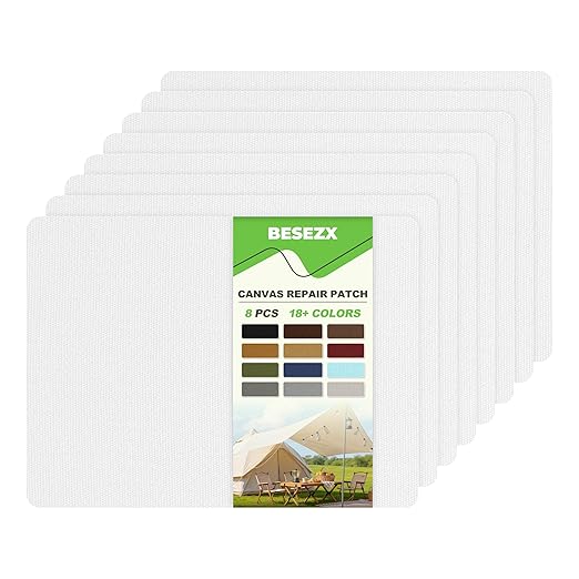 Besezx Canvas Repair Patch,Outdoor Gear Patch, 7.87x5.9 Inches 8PCS,Waterproof Self-Adhesive Fabric Repair Tape for Repairing Boat Covers,Sun Shades,Sofas,Tents,Lounge Chairs,Awnings (White)