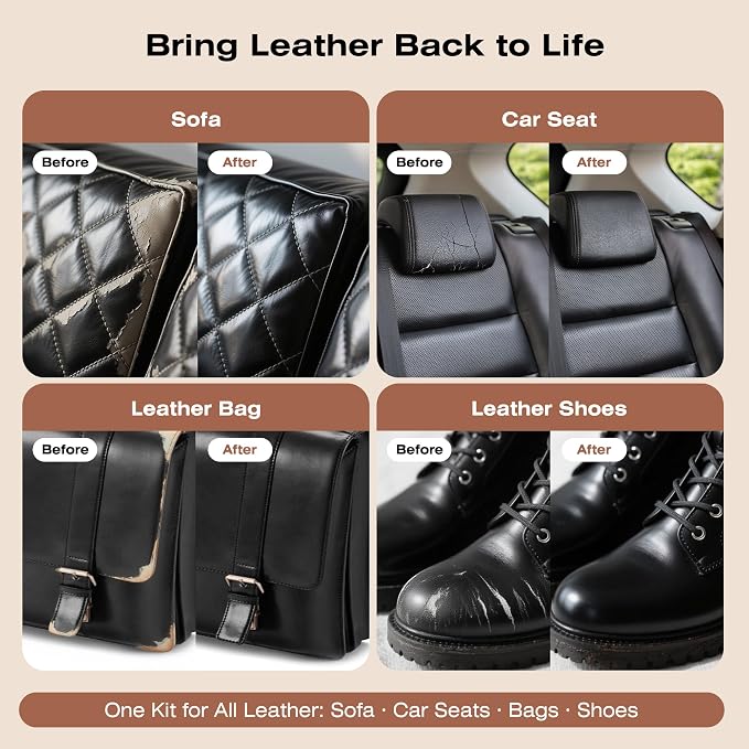 12H Quick-Dry Leather Repair Kit with 3.53Oz Black Leather Recoloring Balm, Filler & 4.23Oz Conditioner and Cleaner, 3-in-1 Vinyl Repair Set for Sofa, Car Seats, Jackets, Purses, Shoes, Faux Leather