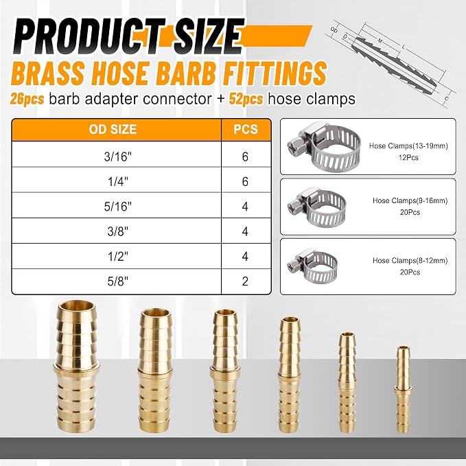 26PCS Brass Hose Barb Fitting,Barb Splicer Mender Hose Fittings 3/16" 1/4" 5/16" 3/8" 1/2" 5/8" with 52Pcs Stainless Steel Pipe Hose Clamps for Air/Fuel/Water/Oil Hose