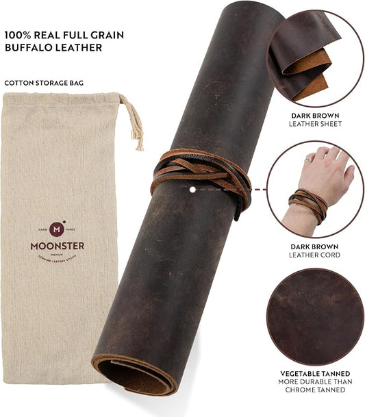 Moonster Full-Grain Buffalo Leather Sheet 12x24 – Veg Tan Crafting Leather for Leatherworking, DIY Projects – Leather Sheet, Tooling Leather, Leather Scraps, Cowhide Leather Crafting Kit, 36 Inch Cord