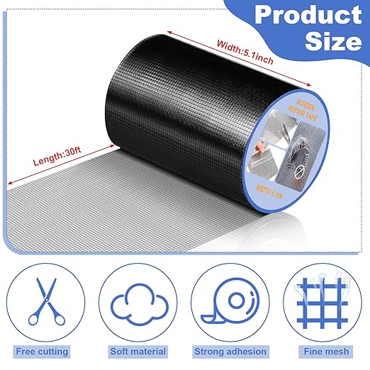CroBlissful Extra Wide 5 inch x 30 ft Window Screen Tape Mesh Repair Strong Adhesive Waterproof Fiberglass Screen Repair Kit Patch for Window Door Tears Holes(Black)