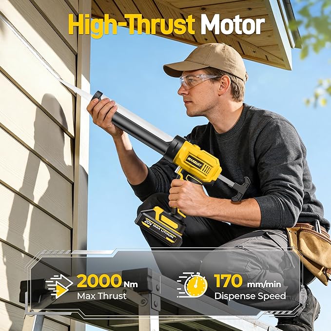 Electric Caulking Gun, 10oz Caulk Gun with 1x2000mAh Batteries, Cordless Caulking Gun, 4 Adjustable Speeds, LED Light, Auto Retraction, 9 Pcs Silicone Caulking Tools for Filling and Sealing