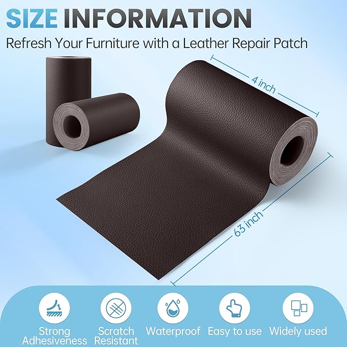 Leather Repair Patch Tape Kit, 4" x 63" Self Adhesive Leather Repair Patch for Furniture, Vinyl Leather Repair Kit for Car Seat, Chairs, Couch, Sofa, Boat Dark Brown
