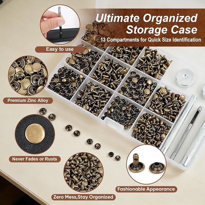 Domthent Leather Rivets Kit, 370 Sets Brass Double Cap Rivets with Full-Size Leather Working Tools for 5 Sizes, Perfect for Leather Crafting, Clothing, Bag, Shoe Repair and DIY Decoration (Bronze)