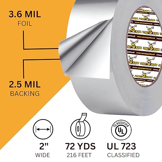 6 Pack Buck Aluminum Foil Tape – 2 Inch x 216ft (72 yd), 3.6 Mil – HVAC Tape for Ductwork, AC, Dryer Vents & Insulation – Silver Foil Tape for Metal Repair, Exhaust Sealing & Air Conditioning