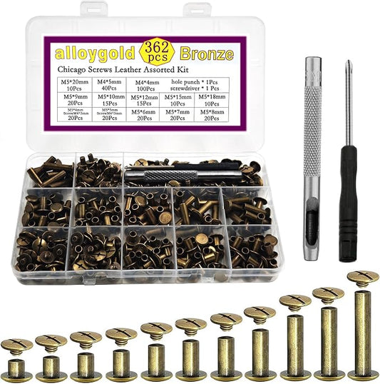 362 Pcs Bronze Chicago Screws Leather Rivets Assorted ，11 Sizes of Screw Rivets Chicago Screws for Decorate and Repair Leather Craft Belt Bag Shoes Purse Bookbinding