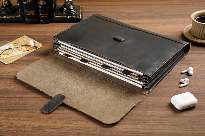 Genuine Leather File Folder, Accordian File Organizer, Leather Document Holder Resume Folio for Men & Women-Grey-Custom