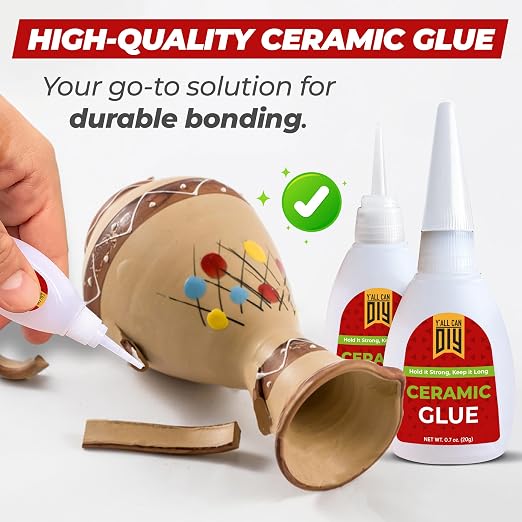 Y'allCanDiy Waterproof Super Glue for Ceramic 2 Pk x .7 Oz. (20g) - Ceramic Glue Repair for Pottery, No Smell After Cure. Best Cyanoacrylate Based Adhesive for China and Porcelain