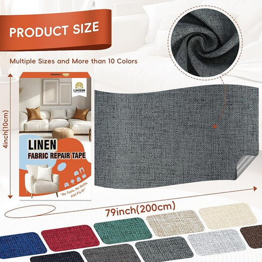Linen Fabric Repair Tape 4x79 Inch, Self Adhesive Couch Patch Repair Fabric Tape for Furniture, Linen Patch Kit for Couch, Carpet, Upholstery, Chair, Sofa, Pillows, Bag (Coarse, Dark Grey)