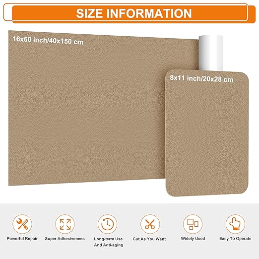 Cahomo Self-Adhesive Leather Repair Patches Tape for Couches - 8x11 inch, Vinyl & Leather Repair Kit for Furniture, Car Seats, Handbags, Jackets - Dark Beige