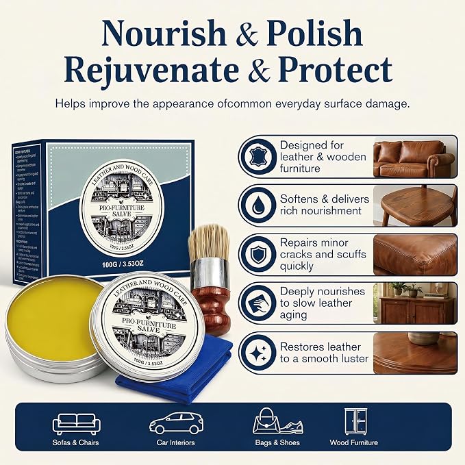 2PC Wood Repair & Furniture Salve - Leather Furniture Salve & Brush Set, Leather Couch Conditioner for Wood & Leather Conditioner, with Furniture Wax, Prevents Cracking & Fading