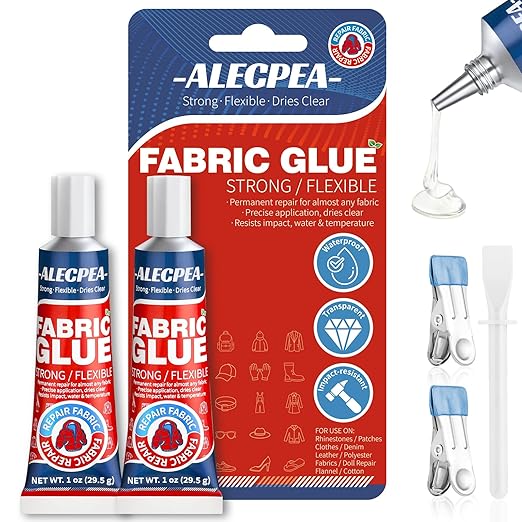 ALECPEA Permanent Fabric Glue Washable, 2-Pack Liquid Stitch for Clothing, Professional Gel Adhesive for Patches, Rhinestones & DIY Crafts, Includes 2 Clips & 1 Stirring Stick, 29.5g x 2