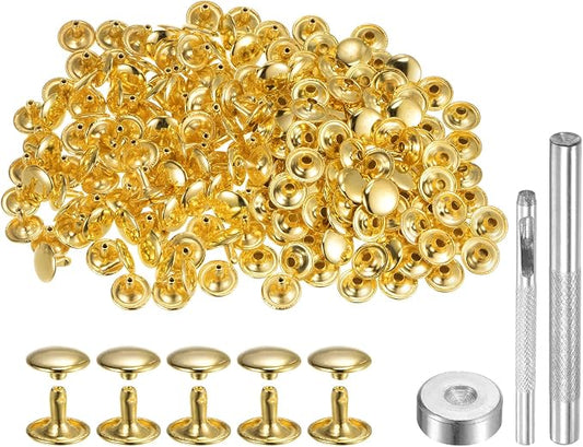 HARFINGTON 100 Sets Leather Rivets 10 x 12mm Metal Double Cap Rivet Snaps Studs Fasteners with 3pcs Setting Tools Rivets for Leather Craft DIY Repair Decoration, Gold Tone