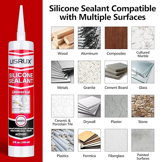 LISRUX Supreme Silicone Caulk for Kitchen & Bathroom, White, 10 fl oz Cartridge, 4 Pack - 100% Waterproof Silicone Sealant, Stronger Adhesion, Shrink & Crack Proof