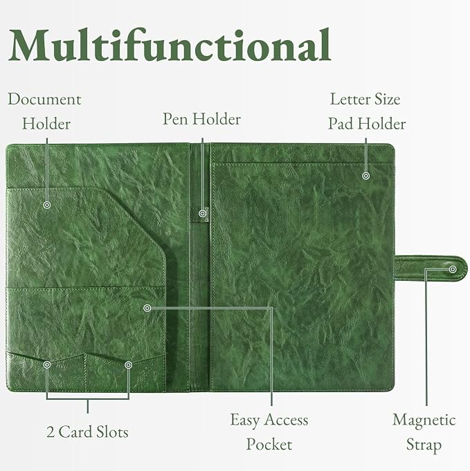 Mymazn Padfolio, Portfolio Folder, Legal Pad Holder, Resume Folder | Faux Leather Binder with Document Organizer, Business Card Holder, Letter-Size Notepad for Interview, Men & Women, Green